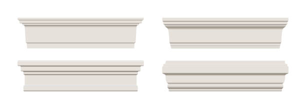 комплект белого плинтуса плинтусного молдинга. потолочная корона на белом фоне - entablature stock illustrations