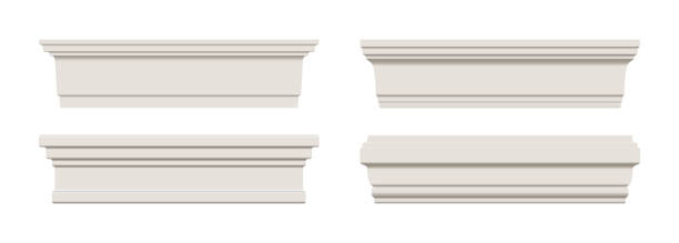 Set of white skirting baseboard molding. Ceiling crown on white background Set of white skirting baseboard molding. Ceiling crown on white background. Plaster, wooden or styrofoam interior decor. Classic home design. Vector illustration. eaves stock illustrations