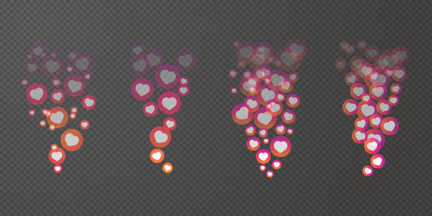 Live like stream social network reactions. Set of pink and white vector hearts in circles Live like stream social network reactions. Set of pink and white vector hearts in circles flying away for chat or online video feedback on transparent background. Web ui elements. Floating symbols follow up stock illustrations
