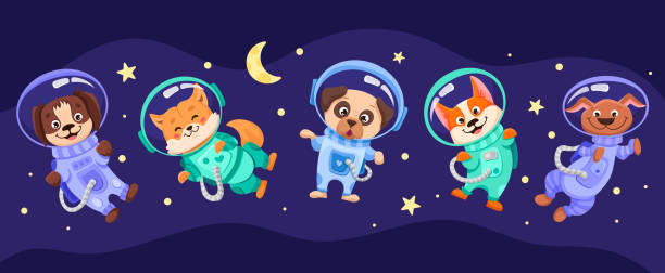 istock Space dog team in suits and helmets. Universe with cosmonauts for childrens print, nursery designs, perfect for kids room, fabric, wrapping, wallpaper, textile. Vector cartoon illustration 1365037876