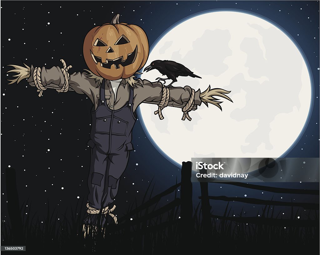 Moonlit Scarecrow Vector Illustration of a moonlit scarecrow with full moon in background. Copy space available. File saved on layers for easy editing. Halloween stock vector