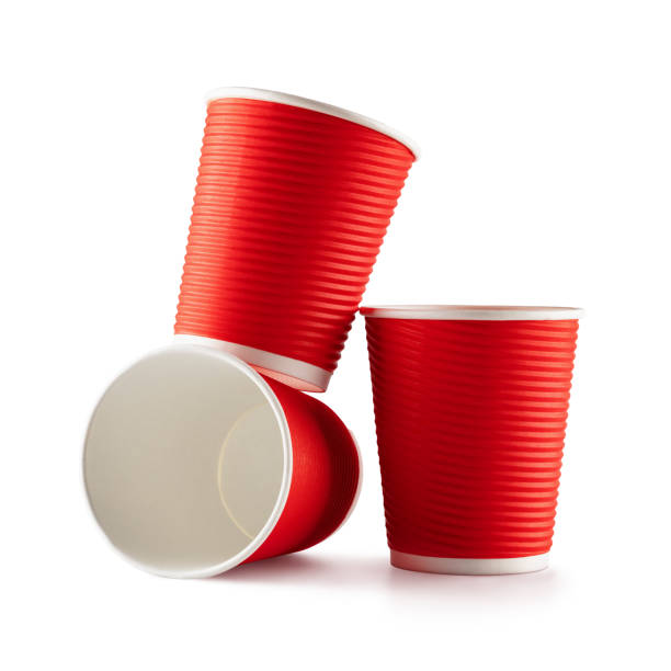 istock Recycling paper red cups on white background 1365046171