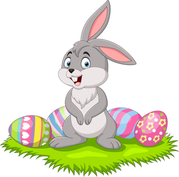 illustrations, cliparts, dessins animés et icônes de mignon petit lapin avec œuf de pâques dans l’herbe - 11874