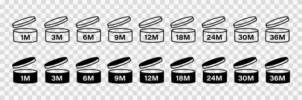 pao kosmetische symbole gesetzt, zeichen der periode nach dem öffnen . ablaufzeit nach geöffnetem paket, schwarze und weiße etiketten. 1, 3, 6, 9, 12, 18, 24, 30, 36 monate ablauf auf transparentem hintergrund, vektor - 12 18 months stock-grafiken, -clipart, -cartoons und -symbole