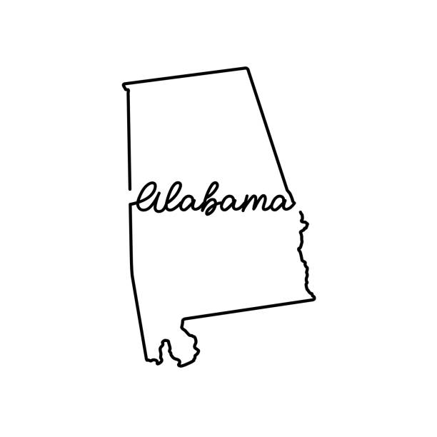 손으로 쓴 상태 이름으로 알라바마 미국 주 개요지도. 애국홈 사인의 연속 라인 드로잉 - alabama stock illustrations