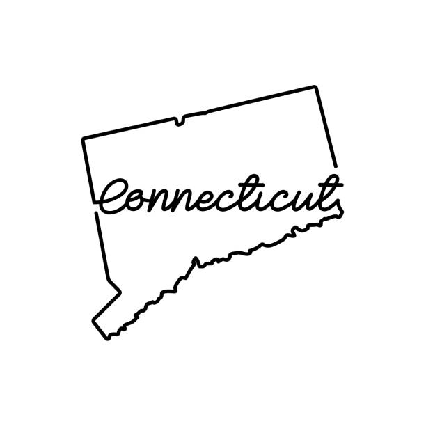 ilustraciones, imágenes clip art, dibujos animados e iconos de stock de mapa de contorno del estado de connecticut ee. uu. con el nombre del estado escrito a mano. dibujo de línea continua del letrero patriótico de la casa - map cartography connecticut drawing