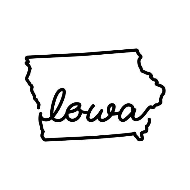 umrisskarte des us-bundesstaates iowa mit dem handschriftlichen staatsnamen. durchgehende linienzeichnung patriotischer hauszeichen - iowa map stock-grafiken, -clipart, -cartoons und -symbole