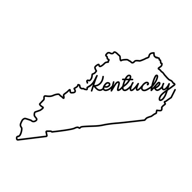 ilustraciones, imágenes clip art, dibujos animados e iconos de stock de mapa de contorno del estado de kentucky ee. uu. con el nombre del estado escrito a mano. dibujo de línea continua del letrero patriótico de la casa - kentucky