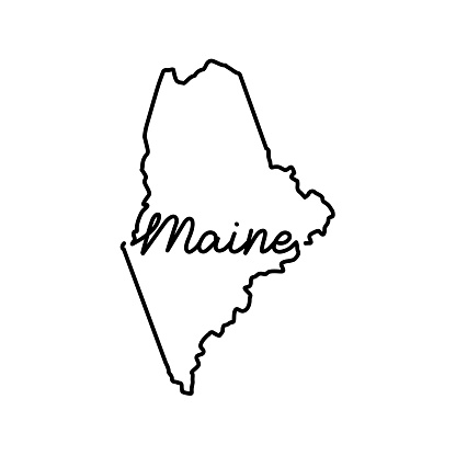 Maine US state outline map with the handwritten state name. Continuous line drawing of patriotic home sign. A love for a small homeland. T-shirt print idea. Vector illustration.