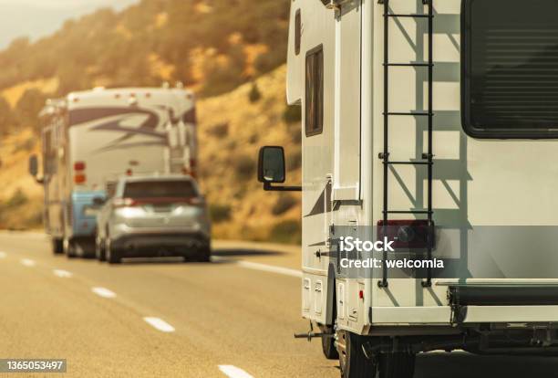 Camper Van And Diesel Pusher Motorhome On A Highway Stock Photo - Download Image Now