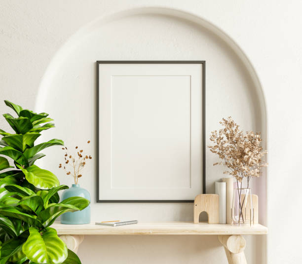 istock Interior poster mockup with vertical black frame in home interior background. 1365053900