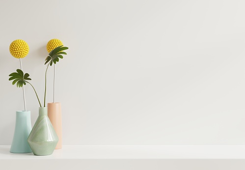 Mockup white wall with flower vase on Shelf,3d rendering