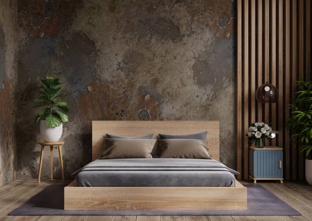 idea de concepto de diseño de interiores de dormitorio y fondo de textura de pared de concreto. - hotel room bedroom hotel contemporary fotografías e imágenes de stock