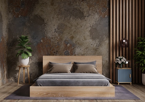 Bedroom interior design concept idea and concrete wall texture background.3D rendering