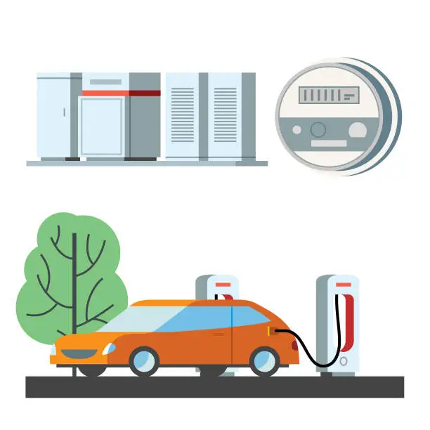 Vector illustration of Large network batteries, smart meters & EV charging