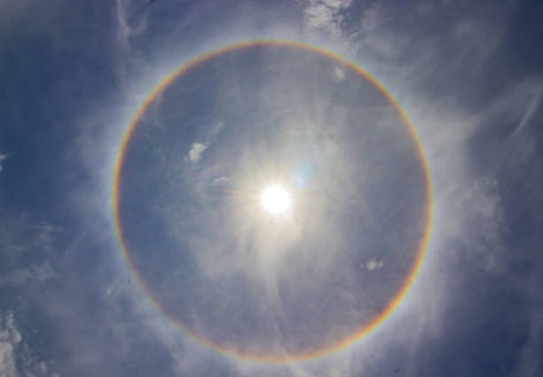 circular rainbow halo around the sun among blue sky and white clouds. natural phenomenon due to light interacting with suspended particles.