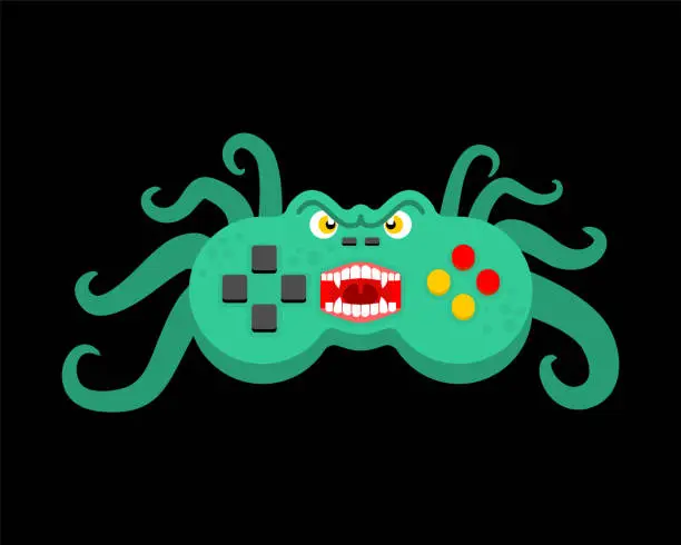 Vector illustration of Joystick monster isolated. Gamepad green monstrosity. disfigurement control knob video game