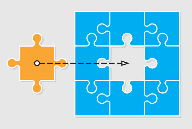 Puzzle pieces vector graphic design. Vector illustration of connected Puzzle pieces with one missing and ready to be assembled. Business concept about connections, teamwork and problem solving. incomplete puzzle stock illustrations