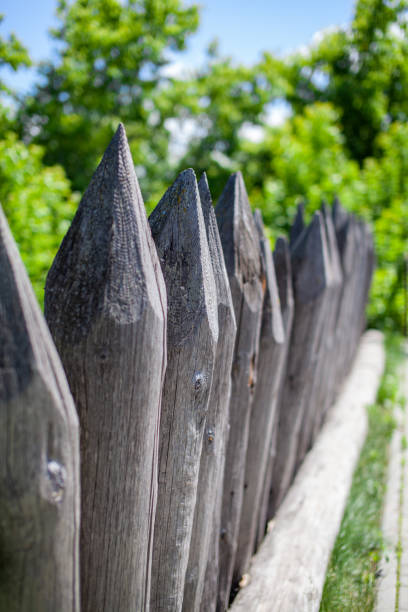istock Fence made from sharp wooden stakes. Close-up on Fence 1365065966