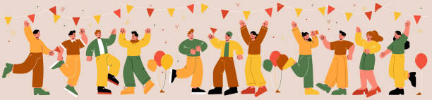 Happy people celebrate party corporate fun holiday Happy people celebrate party. Group of cheerful men and women dance and rejoice on festive event with balloons and confetti. Business team corporate holiday, birthday Line art flat vector illustration happy birthday best friend stock illustrations