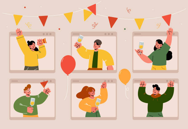 Online party, video call, virtual meeting Online party, video call with happy people celebrating birthday, event or holiday. Vector flat illustration of men and women in computer windows with champagne, confetti, garland and balloons happy birthday best friend stock illustrations