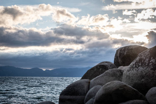 The iconic boulders at Lake Tahoe's beautiful Sand Harbor. Close up almost abstract views of the smooth giant rocks at the shore of Lake Tahoe  at sunset
