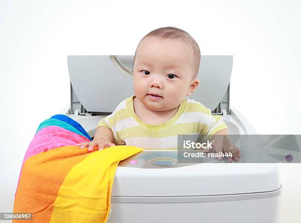 My Baby And Washing Machine Stock Photo - Download Image Now - 6-11 Months, Asian and Indian Ethnicities, Babies Only