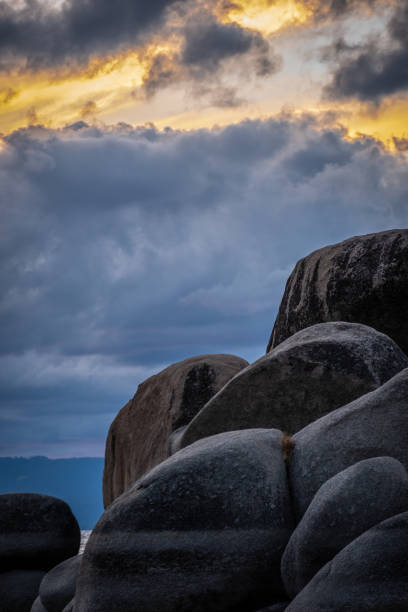 The iconic boulders at Lake Tahoe's beautiful Sand Harbor. Close up almost abstract views of the smooth giant rocks at the shore of Lake Tahoe  at sunset