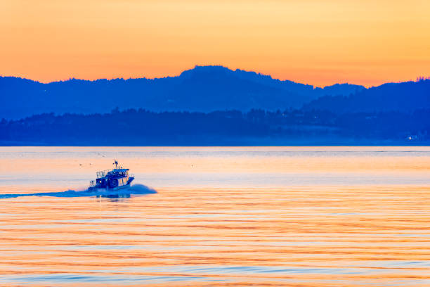 The City of Victoria on Vancouver Island  on April 23, 2013:      Passengers on a whale watching tour returning at sunset  to the Victoria inner harbor on Vancouver Island, British Columbia