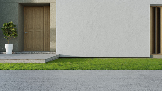 Green grass lawn near home entrance. 3d illustration of contemporary holiday villa exterior.