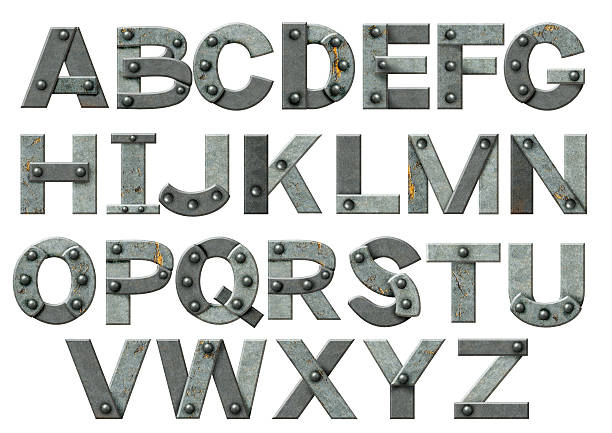 The alphabet made up from steel pieces and rivets Alphabet - letters from rusty metal with rivets. Isolated over white typescript photos stock pictures, royalty-free photos & images