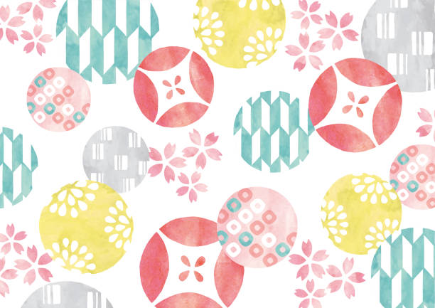Cherry blossoms and colorful rounds Japanese pattern watercolor vector art illustration