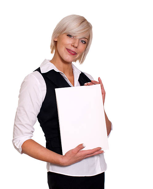 Young business woman holding white folder stock photo