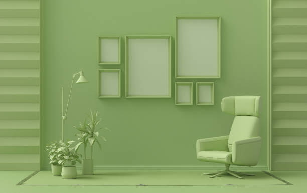 istock Wall mockup with six frames in solid flat  pastel light green color, monochrome interior modern living room with furniture and plants, 3d rendering 1365077933