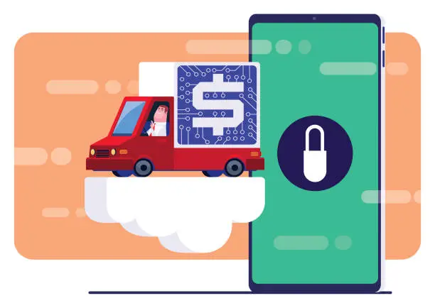 Vector illustration of businessman carrying electronic money with van and smartphone