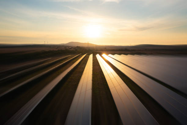 Solar panel farm in motion blur stock photo