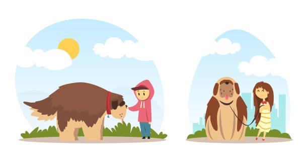 маленький мальчик и девочка выгуливают свою собаку с поводком и ошейником векторный набор иллюстраций - dog walking child little boys stock illustrations