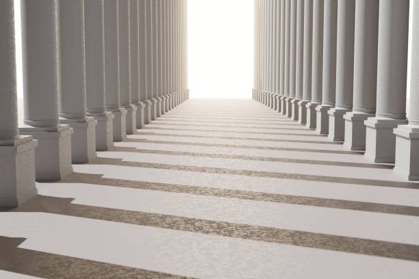 istock Gorgeous Graeco-Roman corridor with columns and a glowing heavenly light at the end. 3d render illustration. Background pattern for design. 1365081420