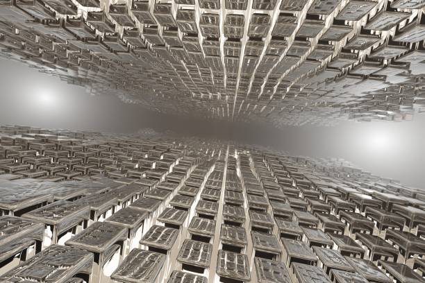 Abstract geometric background sci-fi construction of silver cubes or space station, blue yellow neon glowing light. 3d rendering illustration. Background pattern for design.