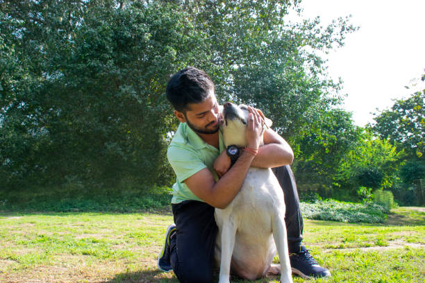 istock young man playing with dog at park 1365082670