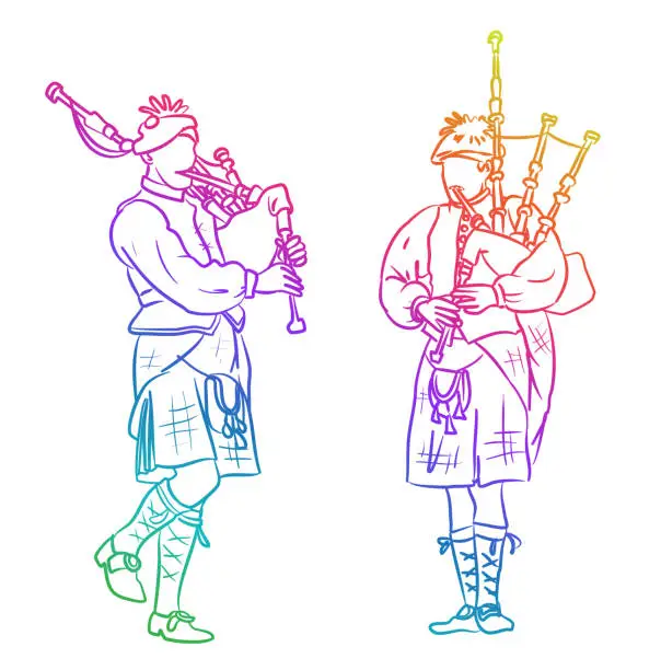 Vector illustration of Bagpipers Scottish Kilts Rainbow