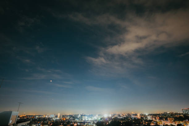 Night sky with lunar eclipse from Tokyo in early winter, November 2021