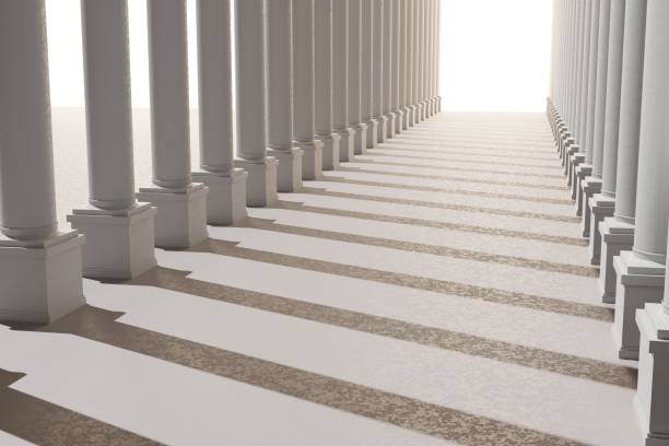 istock Gorgeous Graeco-Roman corridor with columns and a glowing heavenly light at the end. 3d render illustration. Background pattern for design. 1365084175