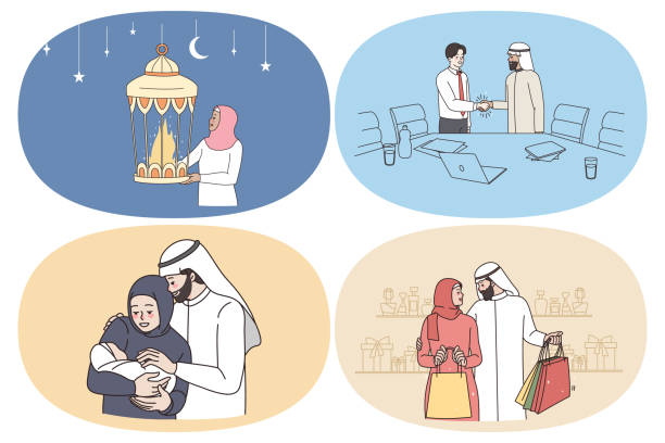 Business and family of arab people Business and family of arab people. Set of islamic people celebrating ramadan meeting international partners growing baby going shopping vector illustration muslim family stock illustrations