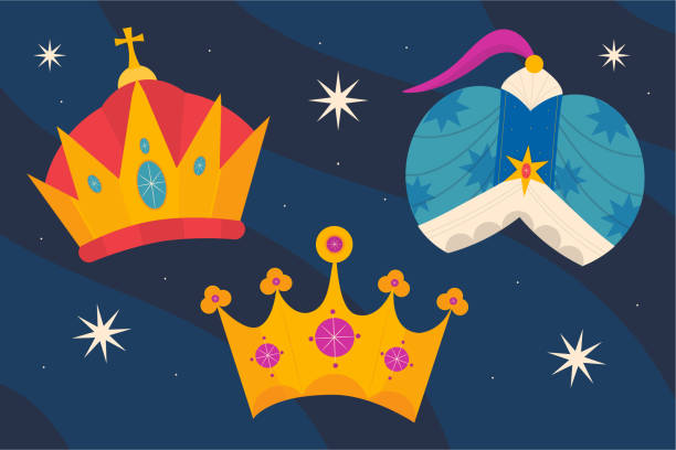 ilustraciones, imágenes clip art, dibujos animados e iconos de stock de conjunto de coronas de reyes magos plano ilustración vectorial - reyes magos