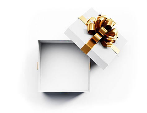 White gift box with golden Bow on white background