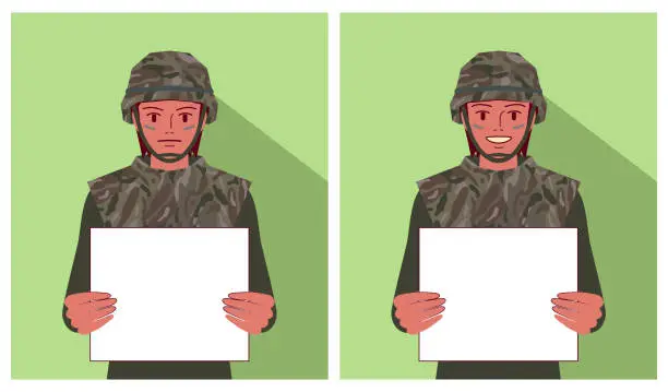Vector illustration of A female soldier holds a blank sign with two different emotions