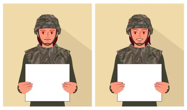 Vector illustration of A female soldier holds a blank sign with two different emotions