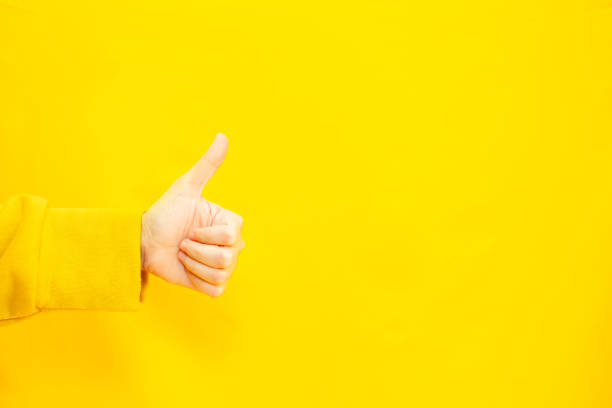 istock woman's hand with thumbs up gesture  in copy space area for advertisement promotion or text on a yellow background 1365096947