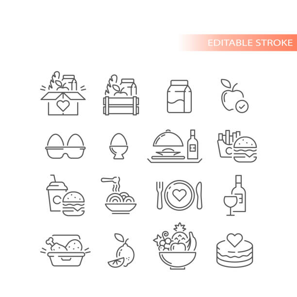 Food, tasty food crate, ball of fruits Cake, eggs, take away delivery outlined vector icon set food staple stock illustrations